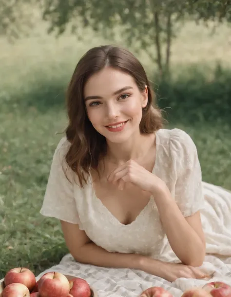 Girl smiling on picnic blanket,There were apples and bread,picnic table, Surrealist fashion photography style, White and gold, Animated GIFs, photo taken with ektachrome, sportrait, self - portrait, Kawaii fashion (medium long shot)