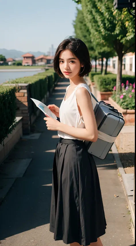 teens girl，photographers，gentle and cute，short detailed hair，（Carry-on baggage），aerodrome，long  skirt，Tourist map in hand