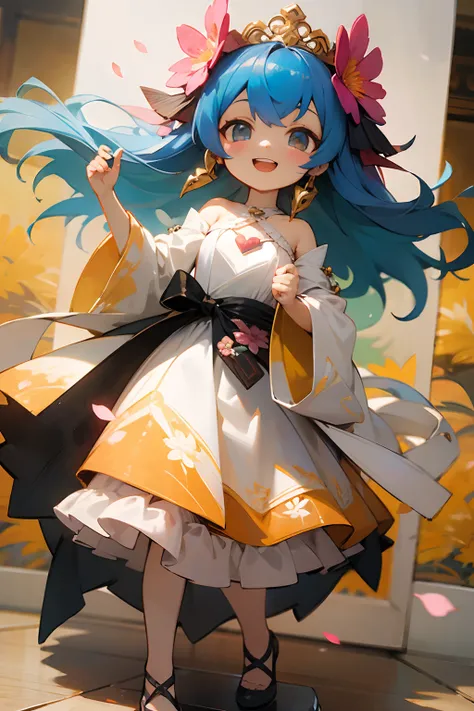 photoRealstic、Nendroids in wedding dress standing in front of the painting、Open mouth and big smile、watercolor Nendoroid、(High Definition Figure)、Flowing iridescent silk、up of face、Eye Up、Colorcon with heart pattern、Floral dress、There are also flowers in f...