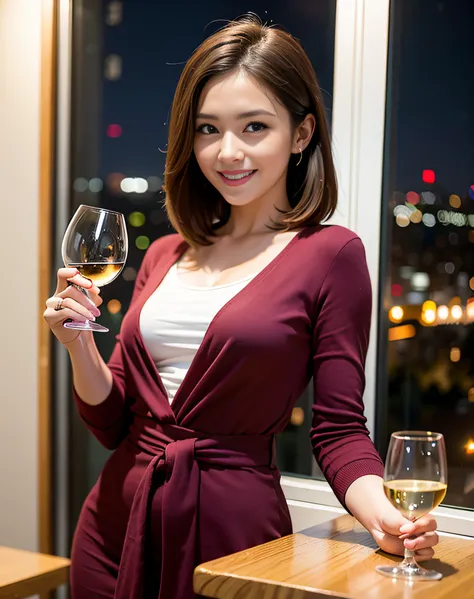 (64K, UHD, top quality, masterpiece: 1.2), (realistic, photorealistic: 1.37), super detailed, pretty woman 1 person, (slim face), (slim body), (brown hair), (short cut), cheeks slightly blushing, (44 years old), 38 years old, solo, beautiful detailed urban...