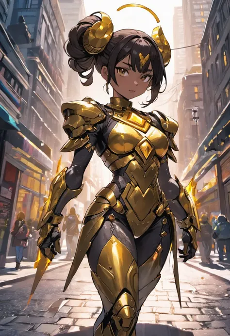 Generate an image of a regular size woman human female with dark hair tied into a bun, shes a solarpunk-inspired eco-street guardian knight in a city street. The guardian wears a futuristic lightweight solar-powered fill-body armor with a golden sheen. a s...