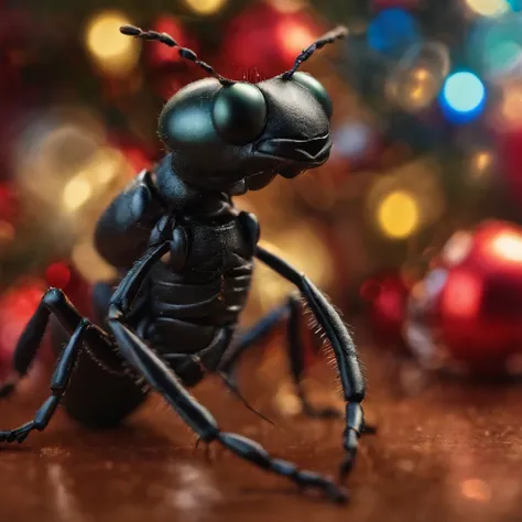 an ant surrounded with many gifts in shiny Christmas with colorful light