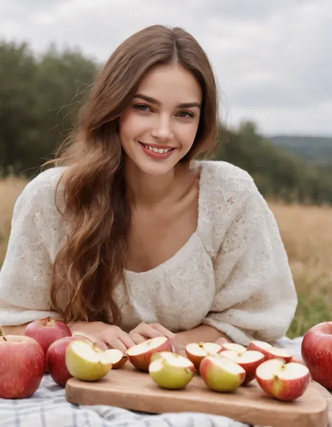 Girl smiling while sitting on picnic blanket with apples and bread, picnic table, surreal fashion photography style, white and gold, animated GIF, photo taken with ektachrome, sportrait, self-portrait, kawaii fashion (medium long shot)