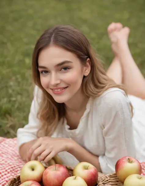 Girl smiling while sitting on picnic blanket with apples and bread, picnic table, surreal fashion photography style, white and gold, animated GIF, photo taken with ektachrome, sportrait, self-portrait, kawaii fashion (medium long shot)