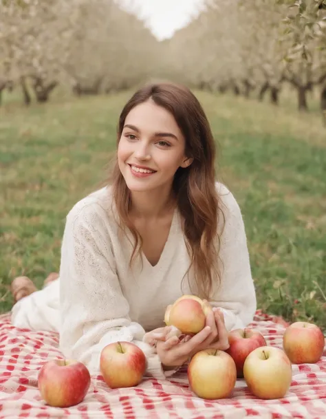 Girl smiling while sitting on picnic blanket with apples and bread, picnic table, surreal fashion photography style, white and gold, animated GIF, photo taken with ektachrome, sportrait, self-portrait, kawaii fashion (medium long shot)