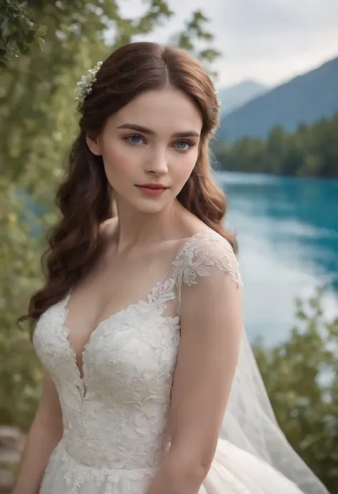 1 beautiful girl, (Realistic:1.3) full body, standing photo, stand in front a blue lake, white wedding dress, soft dress, wavy hair, masterpiece, diffuse soft lighting, portrait, best quality (perfect face:1.4), ultra-realistic highly detailed intricate re...