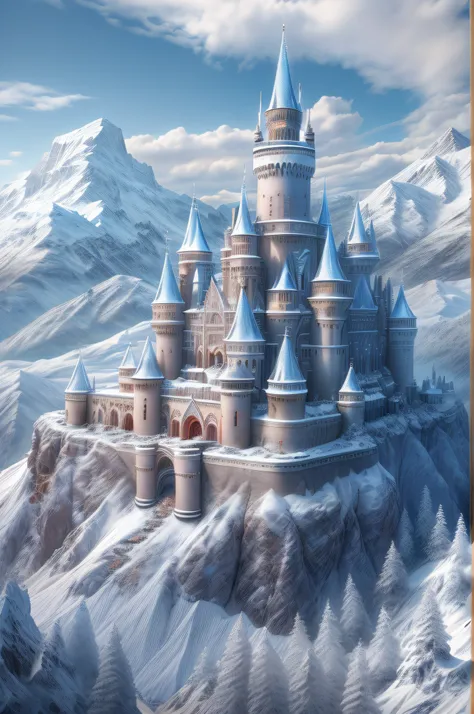 a panoramic illustration of a castle made from ice standing on the peak of a snowy mountain, an impressive best detailed castle made from ice (masterpiece, extremely detailed, best quality), with towers, bridges, a moat filled with water, standing on top o...