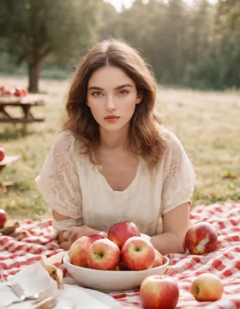 girl on a picnic blanket with apples and picnic tables, in the style of surreal fashion photography, white and gold, animated gifs, , photo taken with ektachrome, portraits, self-portraits, kawaii chic .