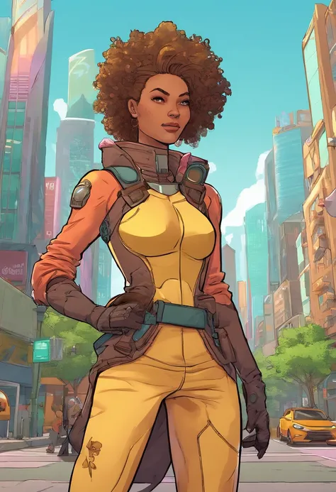 "Generate an image of a female guardian in a cartoon-style solarpunk-inspired eco-street knights attire within a city street. She has a slightly larger head, simplified and caricatured facial features, with dark hair tied into a bun. She wears a lightweigh...