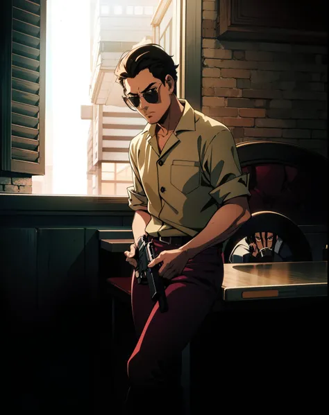 Anime scene, gangster man, sunglasses, in the restaurant, retro anime, 80s aesthetics, vintage, holding gun, retro hairstyle