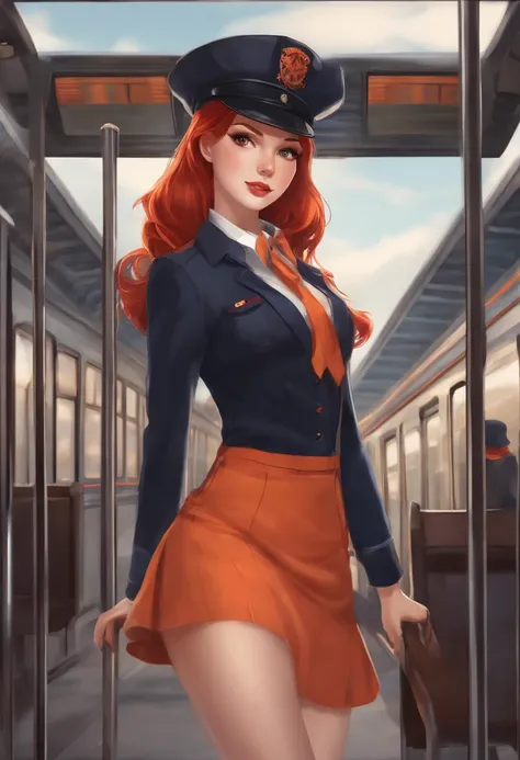 1girll, Solo, Red hair, Red eyes, double tails, employee uniform, pencil skirts, skull print, Navy cap, Orange sky,, Outdoors, Train station, Stand in front of the bus,,