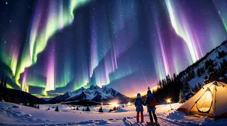 ((Snow Mountain Camping、A tiny２Seductive woman in ski jumper coming out of a peoples tent２Admire the beautiful aurora borealis on a snowy mountain where people can see in the distance、nigh sky))、Perfect Ray Tracing、Dramatic Writing、concept-art、Highly detai...