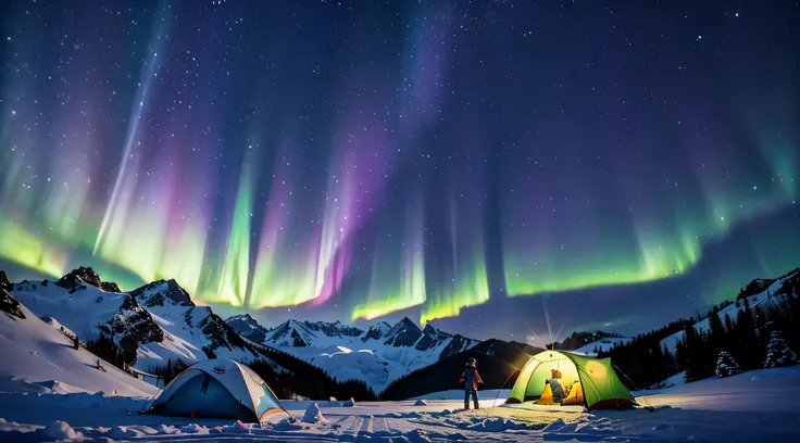 ((Snow Mountain Camping、A tiny２Seductive woman in ski jumper coming out of a peoples tent２Admire the beautiful aurora borealis on a snowy mountain where people can see in the distance、nigh sky))、Perfect Ray Tracing、Dramatic Writing、concept-art、Highly detai...