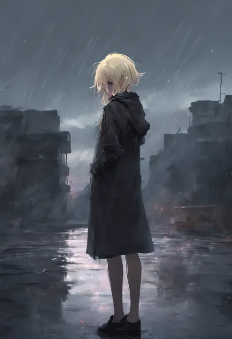 Sad girl,cry,darkness,Rain sky,。.。.。.。.。.。.。.。.。.。.。.。.。.。.。.3D,Upscale,hard disk,Blonde short,is crying,with his back turned