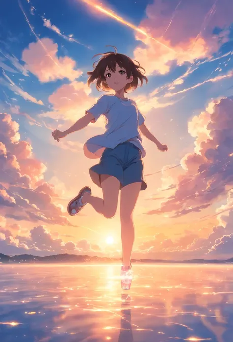 masterpiece, best quality, movie still, 1girl, cloud girl, floating in the sky, close-up, bright, happy, warm soft lighting, sunset, (sparks:0.7)