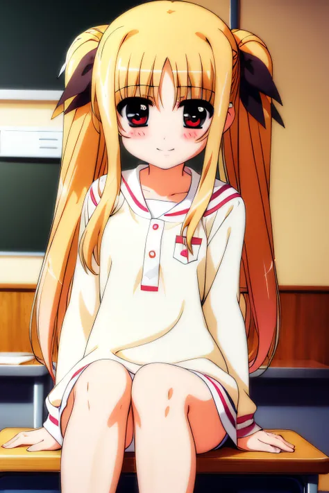 hightquality,hight resolution,red blush,a smile,Classroom Desk,eyes gentle,,sitting on,