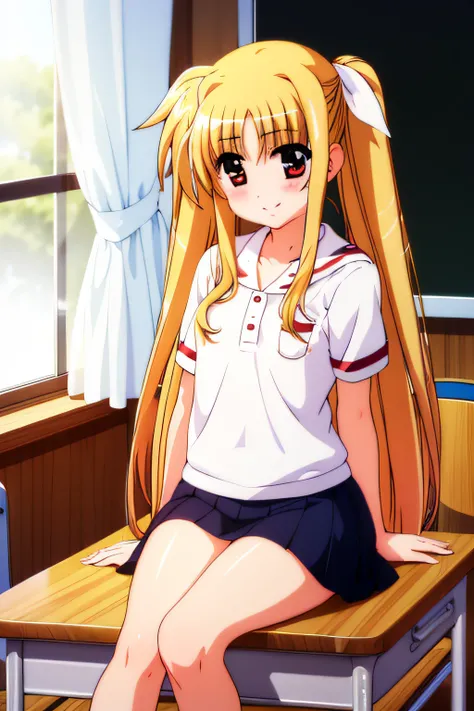 hightquality,hight resolution,red blush,a smile,Classroom Desk,eyes gentle,,sitting on,