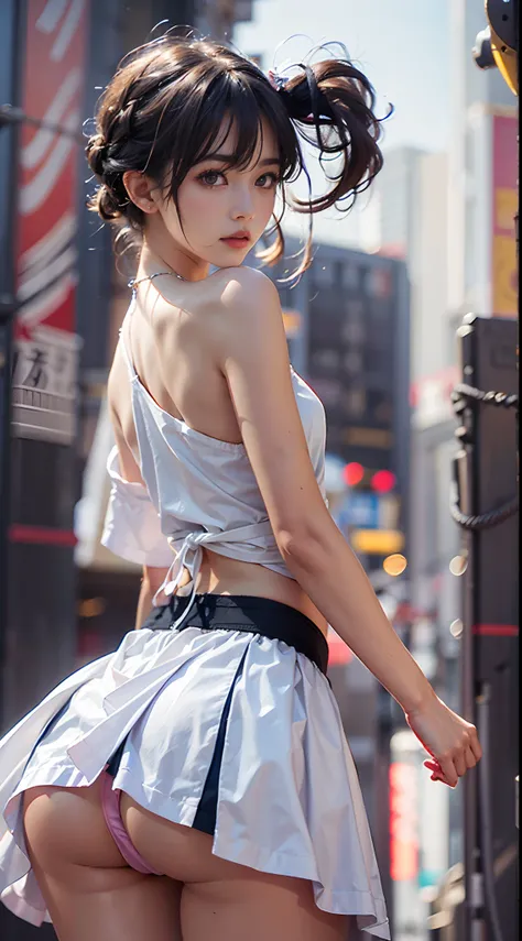 (NSFW), 1womanl, Solo, 24 year old, (cute  face), (Ideal ratio body proportions), Modern old cityscape, heavy wind, ((((Super close-up of buttocks)))), (a sailor suit), (long  skirt), up skirt, skirt rift, ((The upper body is reliably dressed)), ((The skir...