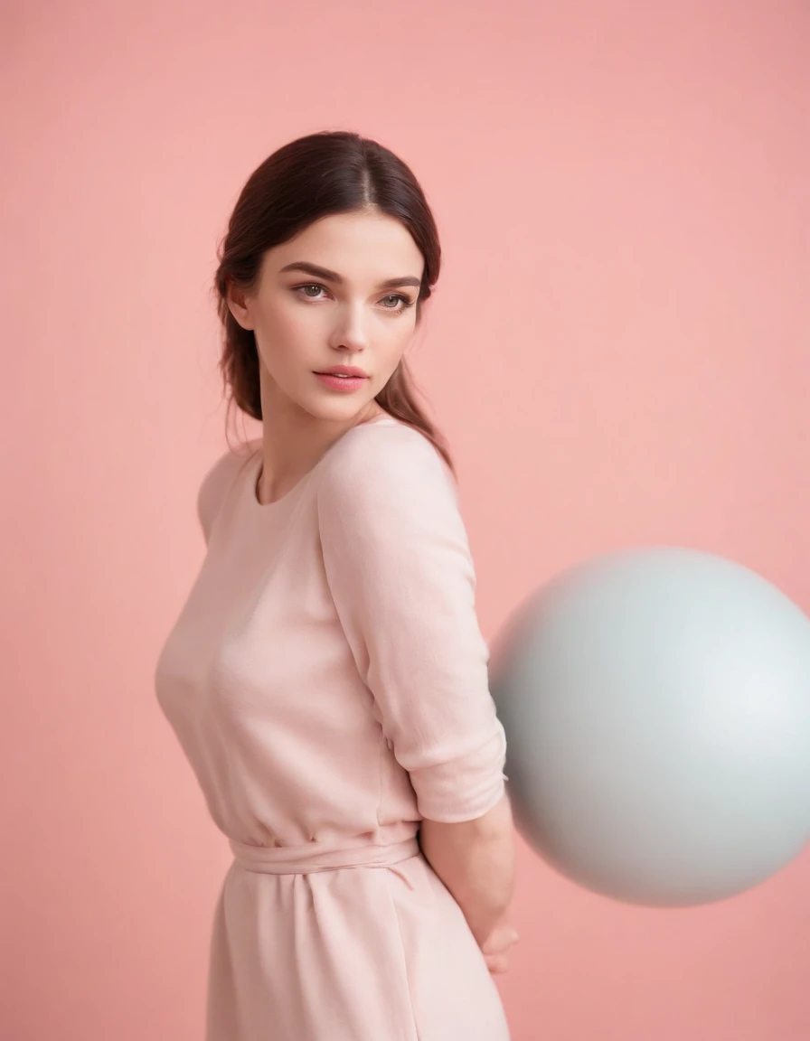 Young woman standing in front of a set of separated spheres, light pink background, high quality photography, magazine cover photography, artistic photo, professional model, elegant pose, (medium shot)