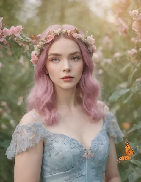 pink color hair and butterfly wings fk yalis kimi iro, in the style of light azure and amber, pre-raphaelite-inspired, playful collage, light violet and light indigo, made of flowers, organic material, painterly style