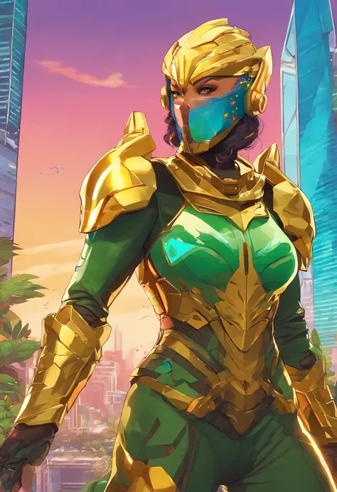 Generate an image of a solarpunk-inspired eco-street guardian knight in a lush, vibrant metropolis. The guardian is a strong and determined Syrian woman, wearing futuristic, lightweight solar-powered full-body armor with a golden sheen. A star-shaped crest...