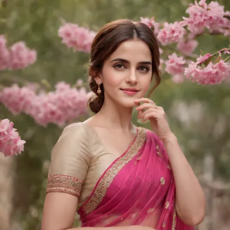 (best quality,4k,8k,highres,masterpiece:1.2),ultra-detailed,(realistic,photorealistic,photo-realistic:1.37),Emma Watson in Indian Pink Saree,cute smile,shyness,extremely detailed face and eyes,beautiful detailed lips,soft and smooth light,detailed hands wi...