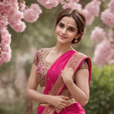 (best quality,4k,8k,highres,masterpiece:1.2),ultra-detailed,(realistic,photorealistic,photo-realistic:1.37),Emma Watson in Indian Pink Saree,cute smile,shyness,extremely detailed face and eyes,beautiful detailed lips,soft and smooth light,detailed hands wi...