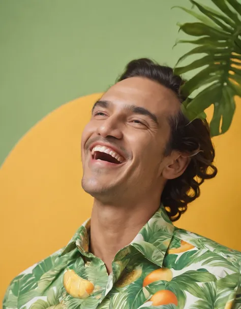 man laughing on yellow background with shirt of tropical fruit, in the style of mixed patterns, marbleized, animated gifs, harlem renaissance, naturalistic bird portraits, light green and orang (medium shot)