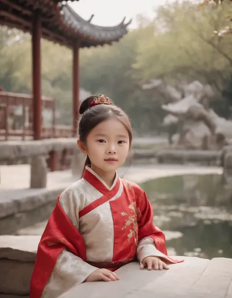 [A full length shot of ]A 6-year-old Chinese girl in Han clothing. Background of Chinese classical gardens ,bright natural light.Best quality, photo realistic.