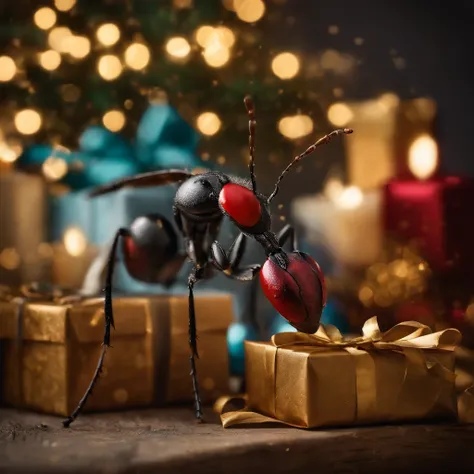 an ant surrounded with many gifts in shiny Christmas with colorful light