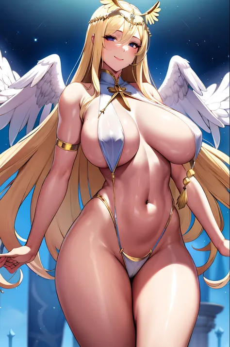 priestess,valkyrie,angel wings,navel,sideboob,complex,light particles,thighs,shiny skin, perfect lighting, 1girl,  looking at viewer,winged headgear,pelvic curtain, smile,(masterpiece), (best quality), extremely huge breasts, motherly, porcelain skin, hone...