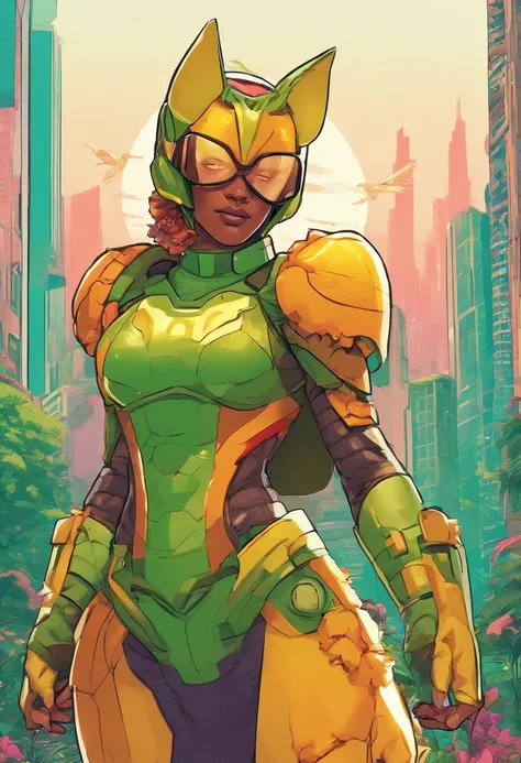 Generate a cartoon caricature image of a solarpunk-inspired eco-street guardian knight in a lush, vibrant metropolis. The guardian is a strong and determined Syrian woman with hair tied into a bun, wearing futuristic, lightweight solar-powered armor with a...