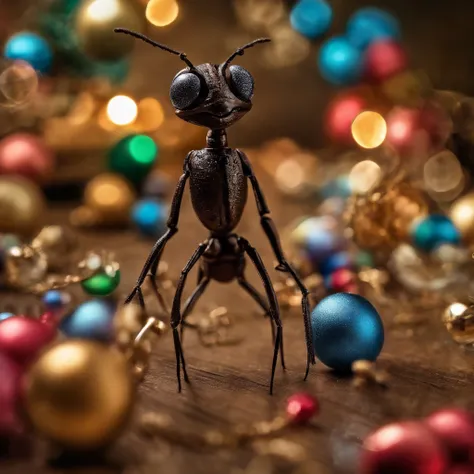 an ant surrounded with many gifts in shiny Christmas with colorful light