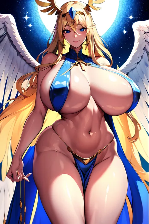 priestess,valkyrie,angel wings,navel,sideboob,complex,light particles,thighs,shiny skin, perfect lighting, 1girl,  looking at viewer,winged headgear,pelvic curtain, smile,(masterpiece), (best quality), extremely huge breasts, motherly, porcelain skin, hone...