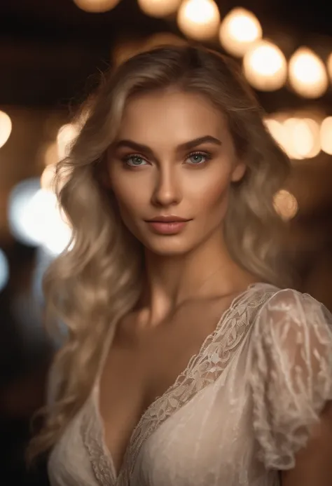 RAW, analog, Nikon Z 85mm,((best quality)), ((masterpiece)), ((realistic)),far fromthe camera image, gorgeous russian woman, blond, 18 year old, posing in a club, wearing lingerie petite, smile with teeth showing, ((small breasts)), intricate details, high...