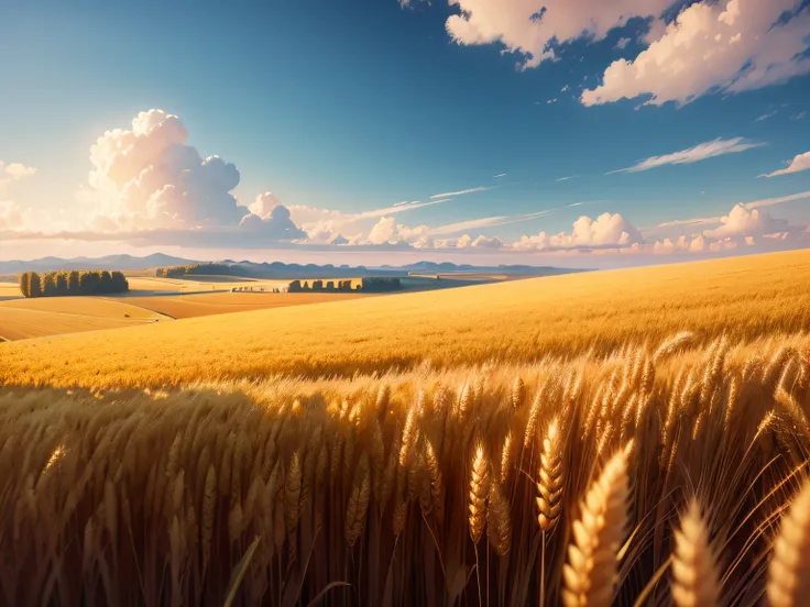 Generate HD desktop wallpapers，Noon request，beautiful weather，Wheat is golden，scenic landscape，Deleite para la vista，You can add close-up realism，You can join the landscape cloud，No roads are needed，a person，and housing