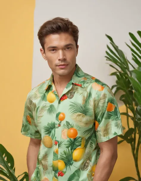 Handsome man wearing tropical fruit shirt on yellow background, cool style, mixed pattern, marble texture, animated GIF, Harlem Renaissance, naturalistic bird portrait, light green and orangutan (medium shot)