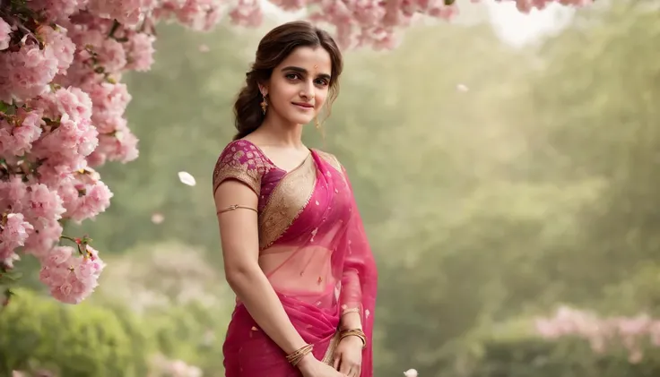 (best quality,4k,8k,highres,masterpiece:1.2),ultra-detailed,(realistic,photorealistic,photo-realistic:1.37),Emma Watson in Indian Pink Saree,cute smile,shyness,extremely detailed face and eyes,beautiful detailed lips,soft and smooth light,detailed hands wi...