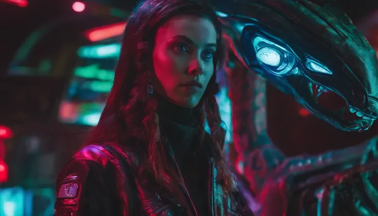 Beautiful girl small breasts, Wearing a rugged jacket, Long hair, Robotic arm in cyberpunk night scene, Cyberpunk red green background