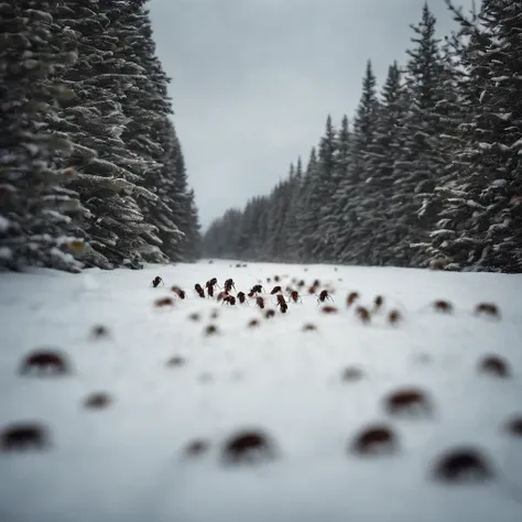 a row of ants in the snowy forest