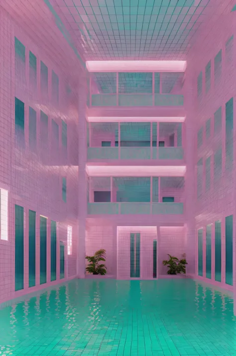 there is a pool with benches and windows, vaporwave lighting style, the aesthetics of vaporwave, vaporwave lighting, the aesthet...