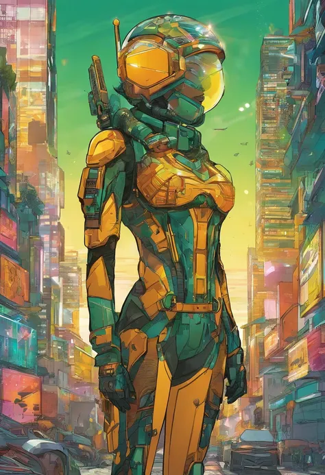 Generate an image of a solarpunk-inspired eco-street guardian knight in a lush, vibrant metropolis. The guardian is a strong and determined woman from the Mohawk tribe, wearing futuristic, lightweight solar-powered full-body armor with a golden sheen. Her ...