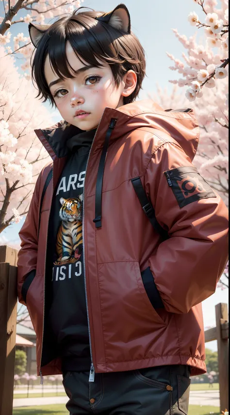 a tiger、The costume、male child、Surrounded by cherry blossoms、parka、kawaii