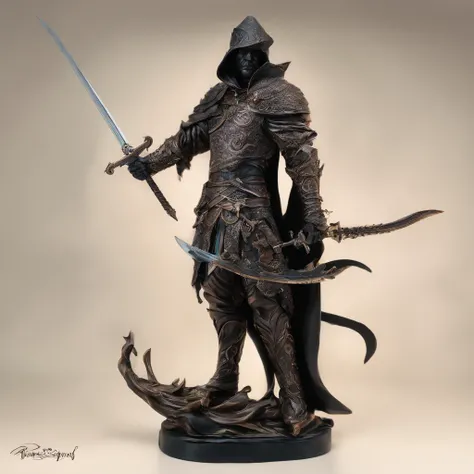 bust of a man with a sword, highly detailed character, high detail iconic character, fantasy assassin, male medieval assassin, holds a sword, bust portrait of an assassin, resin statue, medieval fantasy game art