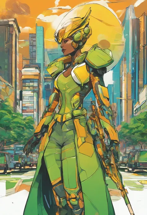 Generate a cartoon caricature image of a solarpunk-inspired eco-street guardian knight in a lush, vibrant metropolis. The guardian is a strong and determined Asian woman, wearing futuristic, lightweight solar-powered full-body armor with a golden sheen. He...