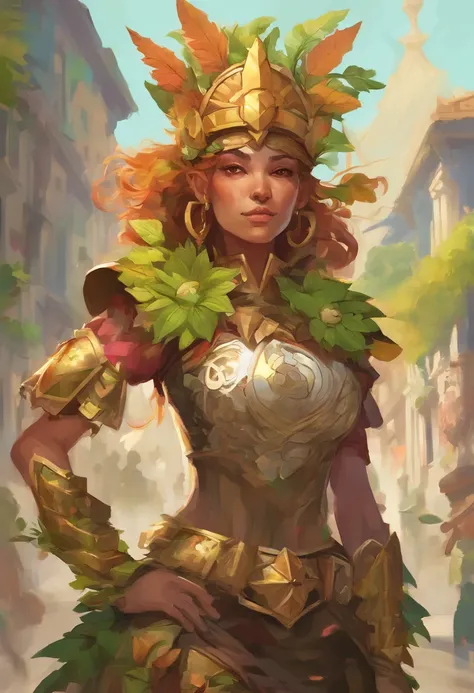 Generate a cartoon caricature image of a solarpunk-inspired eco-street guardian knight in a lush, vibrant metropolis. The guardian is a strong and determined Asian woman, wearing futuristic, lightweight solar-powered full-body armor with a golden sheen. He...