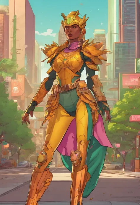 Generate a cartoon caricature image of a solarpunk-inspired eco-street guardian knight in a lush, vibrant metropolis. The guardian is a strong and determined Asian woman, wearing futuristic, lightweight solar-powered full-body armor with a golden sheen. He...