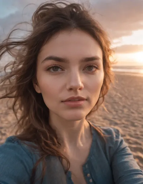 a woman takes a fisheye selfie on a beach at sunset, the wind blowing through her messy hair. The sea stretches out behind her, creating a stunning aesthetic and atmosphere with a rating of 1.2