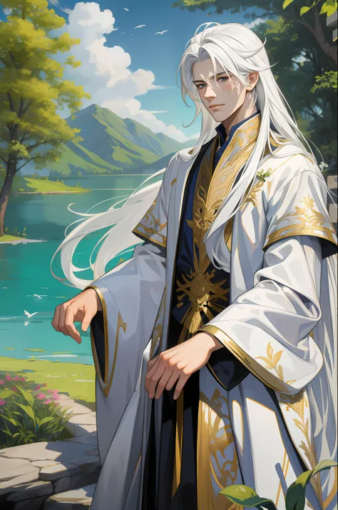 nsfw, masterpiece, super-fine, semi-realistic, meticulous facial features, 1boy, white hair, long hair, wearing exquisite fairy costume, by the lake