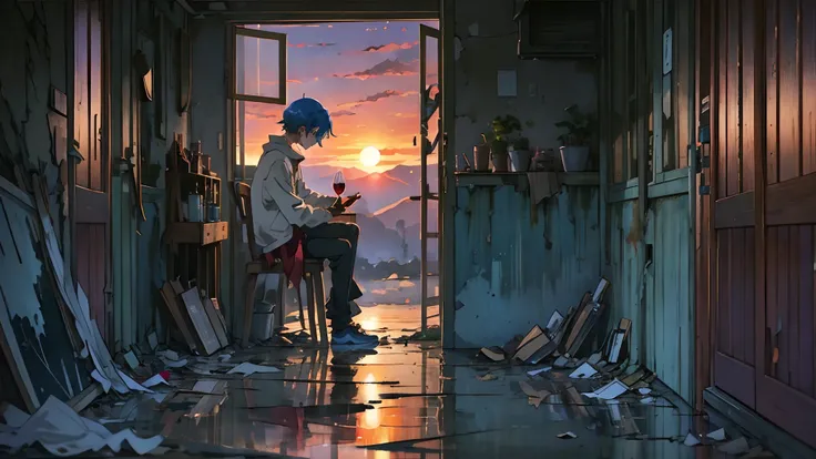 A blue-haired boy（A lone）（distressed）Sit in the hallway（Dilapidated）（Silent），Holding a wine glass in his hand（Overflowed），Look into the distance（In the setting sun），Anime-style，cute big breasts